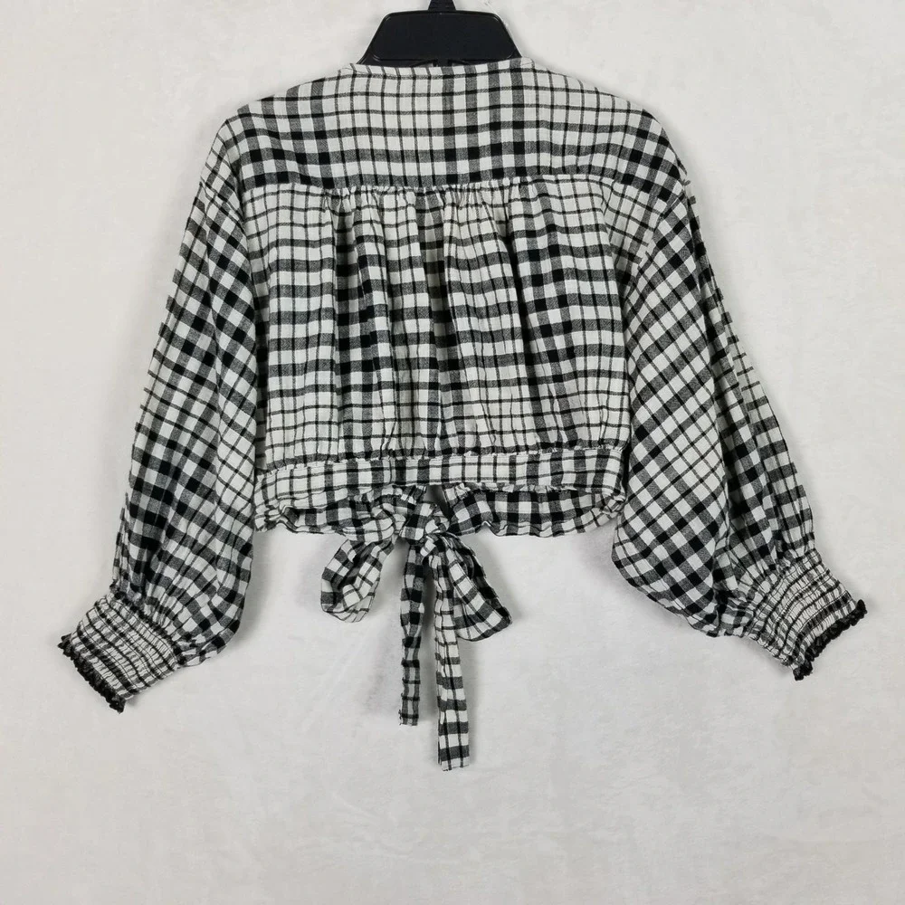 Zara Blouse Women Small Black Gingham Cropped‎ Tie Front Smocked Puff Sleeve